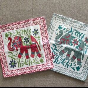 刺繍クッションカバー 像柄2枚