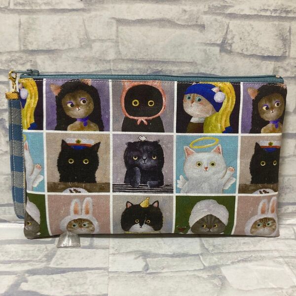 ハンドメイド 猫柄 フラットポーチ マルチカラー