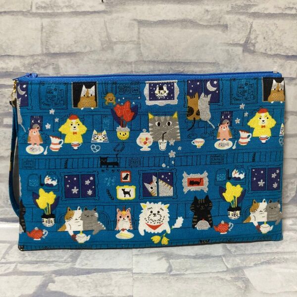ハンドメイド 猫柄 フラットポーチ