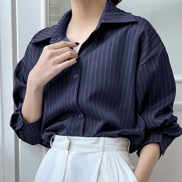 【美品】DAZY ドロップショルダー シャツ ストライプ柄 長袖トップス ネイビー ブラウス ボタン 可愛い 紺色 オフィス 春秋