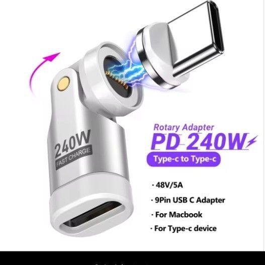 AUFU 9pin マグネット USB-C 変換アダプタL字型 180°回転(PD240W)Type-C 変換アダプタ