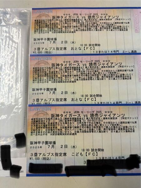2025年 7月2日 阪神甲子園球場 阪神タイガース対読売ジャイアンツ 三塁側アルプス席 3枚連番席 子供席含む通路側。