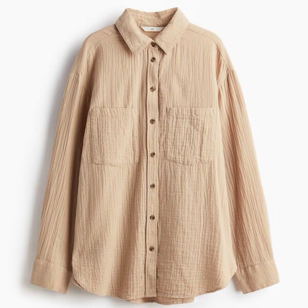 H&M コットンシャツ ベージュ S 綿100 コットン100 綿 春服 完売品 ポケット有り シャツアウター 【シワ目立たない】