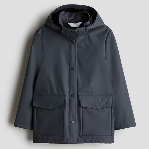 H&M レインジャケット ダークグレー 170 梅雨対策 細身 レインコート フード取り外し可能 完売品