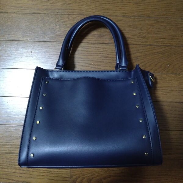 ネイビー 合皮 ハンドバッグ スタッズ付き