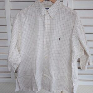POLO RALPH LAUREN 七分袖カスタムシャツ オフホワイト 茶系格子柄 刺繍ロゴ