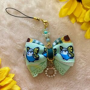大人可愛いリボン☆鳥☆セキセイインコ☆チョウチョ☆バタフライインコ☆夏☆ひまわり☆キーホルダー☆ストラップ☆王冠チャーム付