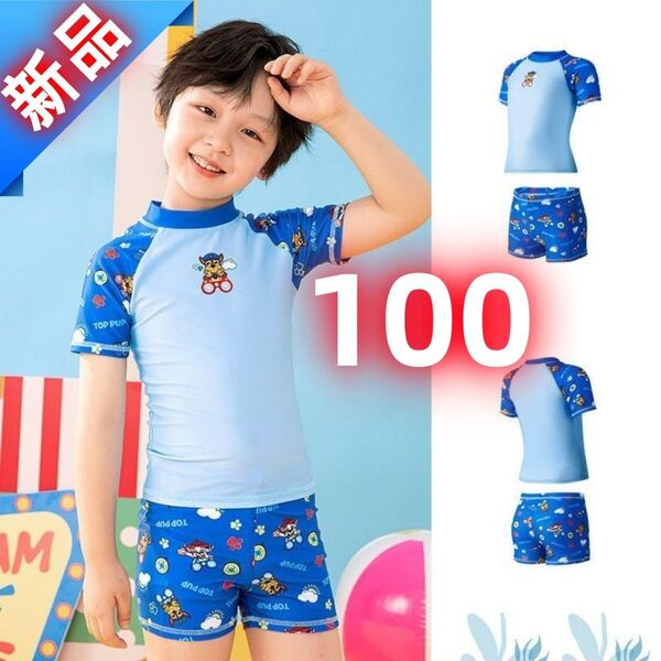 【新品】男の子 キッズ水着 ブルー パウパトロール風 UVカット ラッシュガード 上下セット 速乾 プール 海水浴 100cm