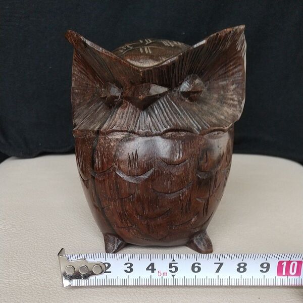 木彫りのフクロウ置物 インテリア オブジェ 濃いブラウン