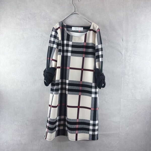 tocco closet チェック柄ワンピース 七分袖 ベージュ 黒 赤