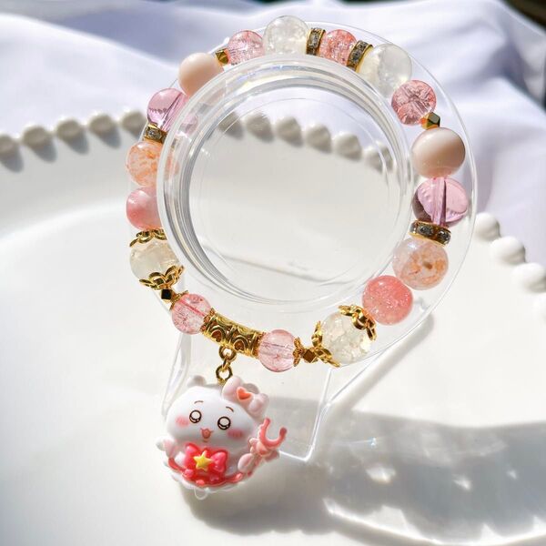ハンドメイド ガラスビーズ ブレスレット ピンク系 マジカル ちぃかわ 16cm