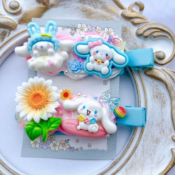 ハンドメイド ホイップヘアピン シナモロール 白いひまわり