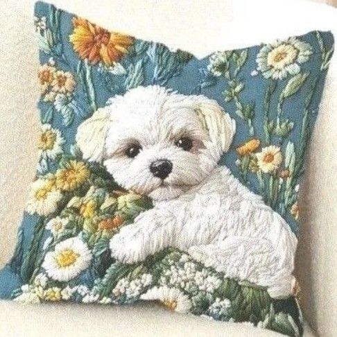 【クッションカバー 】マルチーズ 子犬 刺繍風デザインプリント