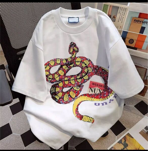 ヘビ Tシャツ ホワイト 半袖 ユニセックス ストリート系 大きいサイズ