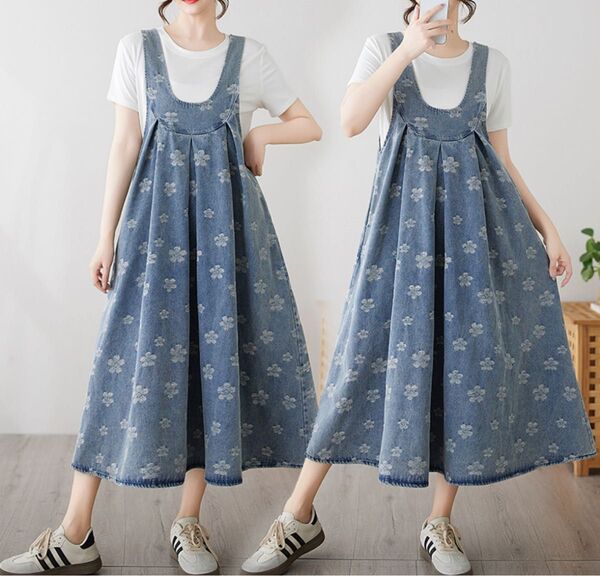 ワンピース サロペット ロング デニム Aライン 大きい ゆったり 大人