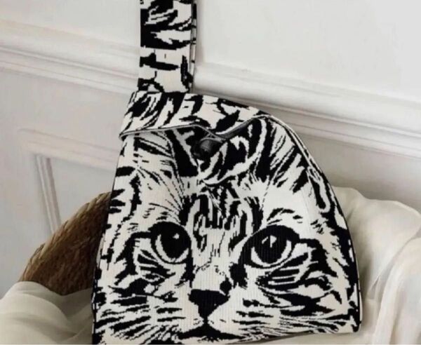 ミニキルトバック キャット アニマル トートバッグ ネコ ねこ 猫 ニットバッグ 白黒 小物入れ ポーチ