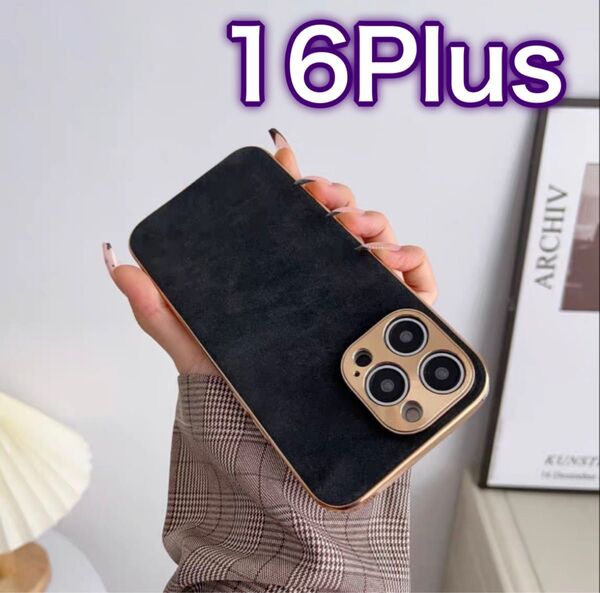 iPhone16Plusケース ブラック 黒 カバー 韓国 レザー 高級感