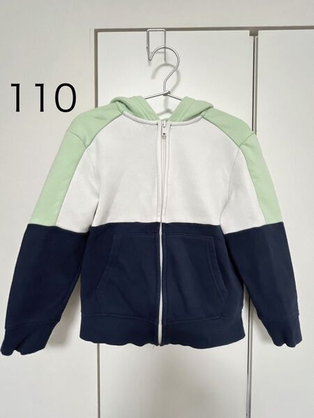 110 4〜6y H&M ジップアップパーカー 裏起毛 グリーン×ネイビー yshop子供服