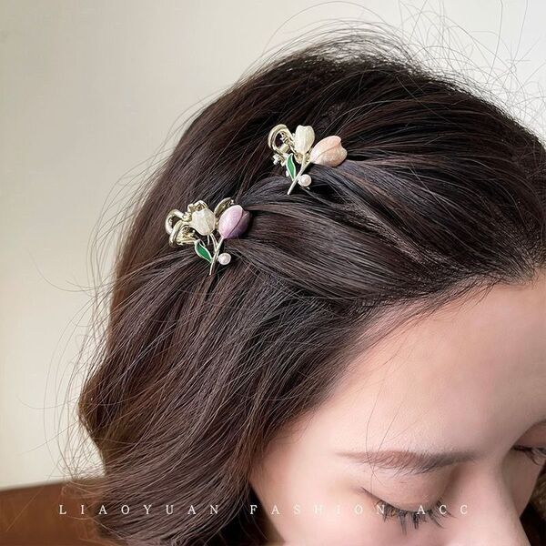 ヘアクリップ ゴールド チューリップ 花 前髪 ピンク 白 レディース