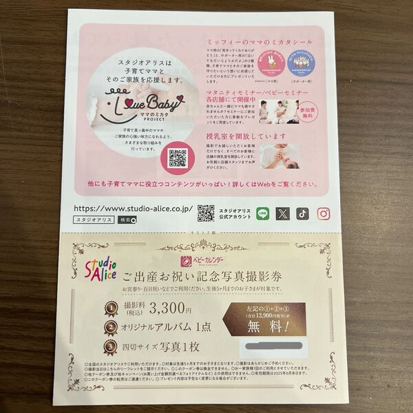【期限2025年6月末】スタジオアリス ご出産お祝い記念写真撮影券 13900円相当