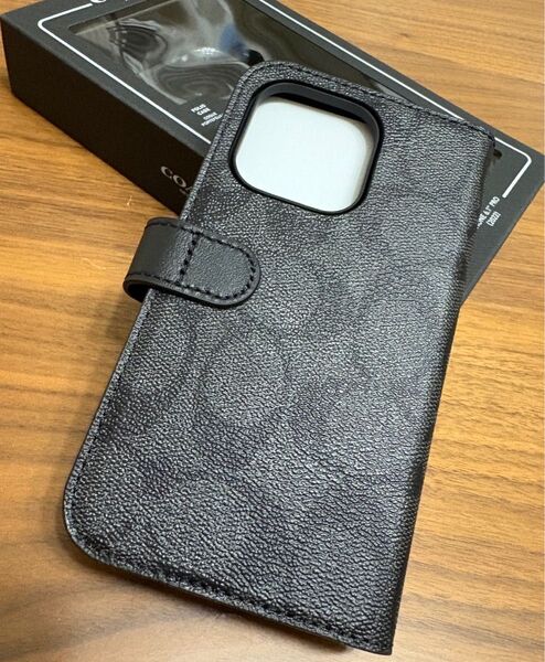 ◆新品◆ COACH コーチ iPhone14Pro 手帳型ケース iPhoneケース シグネチャー 本革 キャンバス ブラック