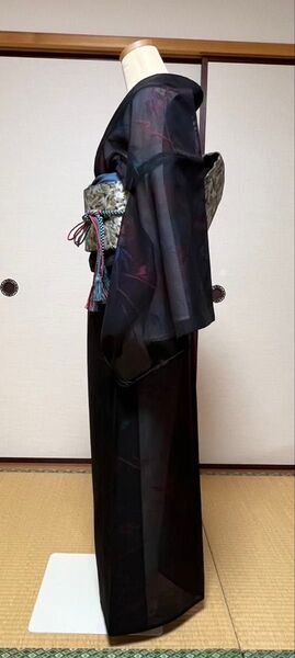 夏着物 絽 紗 黒 竹 シースルー 艶やか 小紋 着物 しつけ糸付き