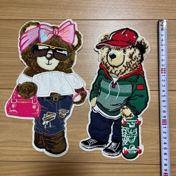 アップリケ ワッペン 大きいくま BIG 刺繍 2枚セット 可愛い キュート かっこいい おしゃれ ベア スケボー 大判 アニマル