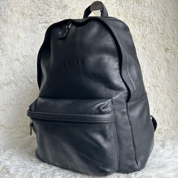 美品 COACH コーチ リュックサック バックパック チャールズ ロゴ型押し シボ革 レザー ビジネス A4可 黒 ブラック