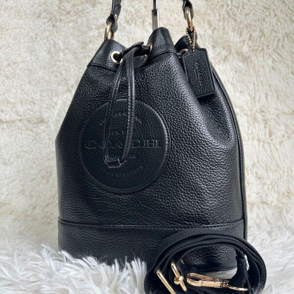 極美品 COACH コーチ ショルダーバッグ ハンドバック 2way デンプシー ペブルドレザー シボ革 巾着 ブラック 黒