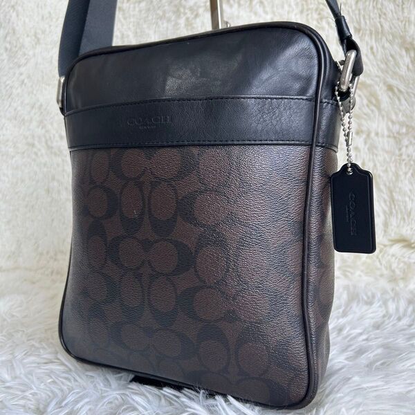 美品 COACH コーチ ショルダーバッグ 斜め掛け クロスボディ シグネチャー レザー PVC 型押し チャーム ダークブラウン