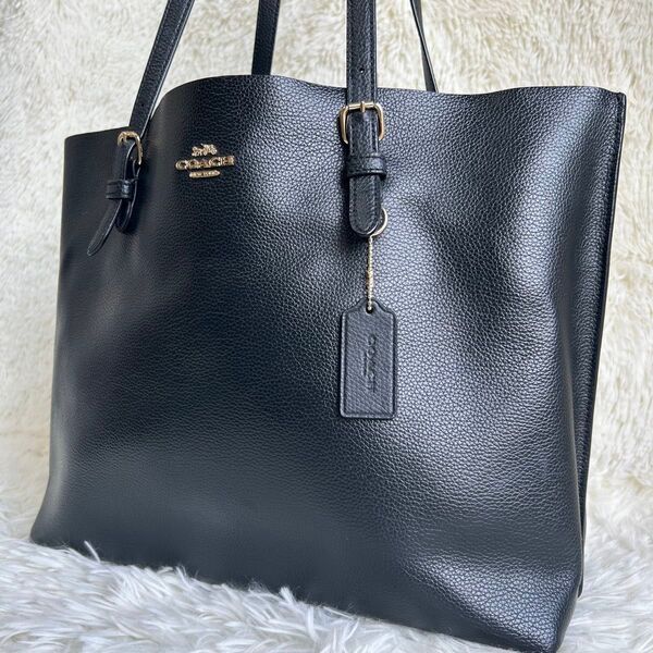 美品 COACH コーチ トートバッグ 肩掛け モリー シボ革 ロゴ金具 ゴールド金具 肩掛け A4可 ビジネス 大容量 ブラック