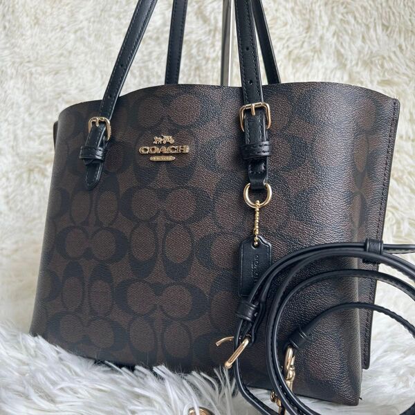 美品 COACH コーチ ショルダーバッグ トートバック 2way PVC レザー シグネチャー 肩掛け 斜め掛け ダークブラウン