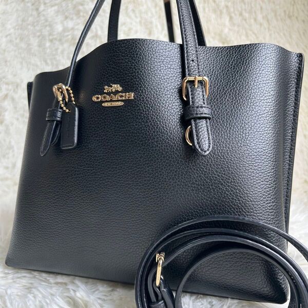 極美品 COACH コーチ ショルダーバッグ トートバック 2way モリー シボ革 肩掛け 斜め掛け 大容量 通勤 黒 ブラック