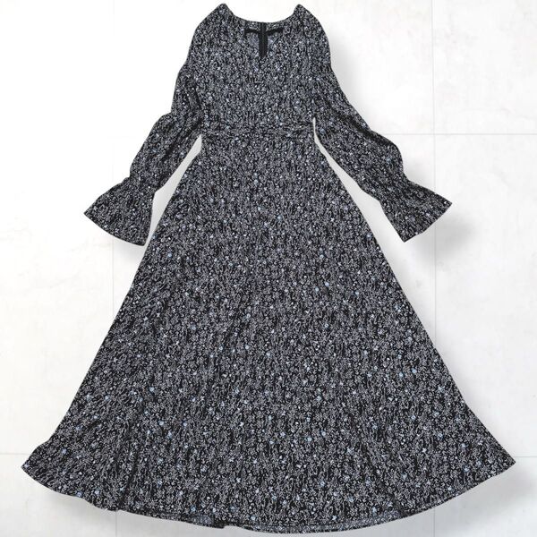 美品*FRAY I.D パフスリーブ 花柄 フレアワンピース マキシ丈 黒 F