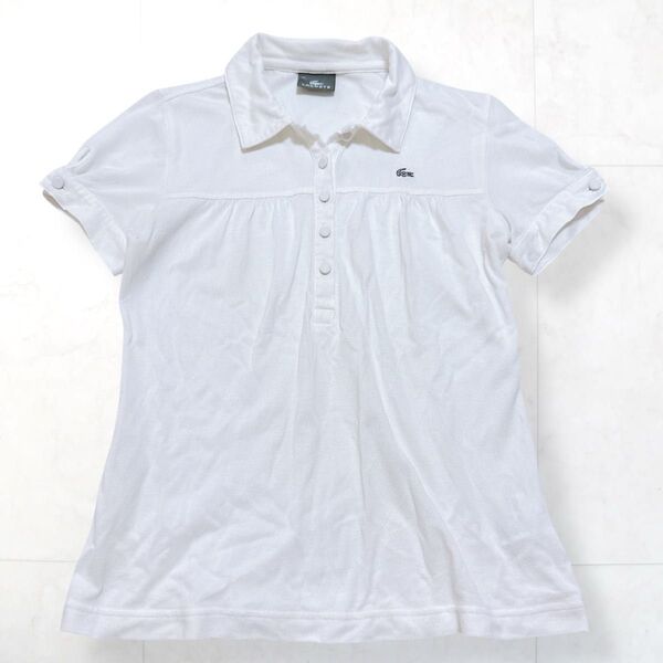 LACOSTE 銀ワニ 鹿の子 ポロシャツ ギャザー くるみボタン 40 白