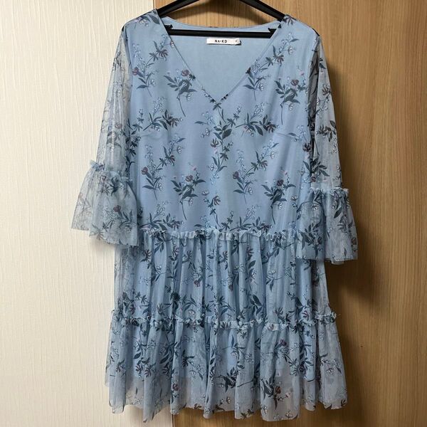 花柄 ワンピース 七分袖 ブルー系 シフォン お値下げしました、980→880