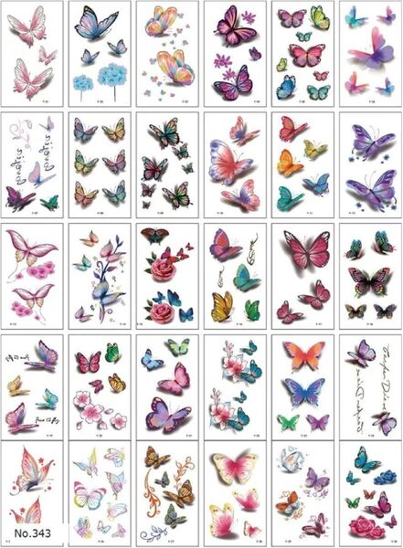 タトゥーシール 蝶 花 薔薇 文字 ピンク 紫 青 ボディシール 30枚
