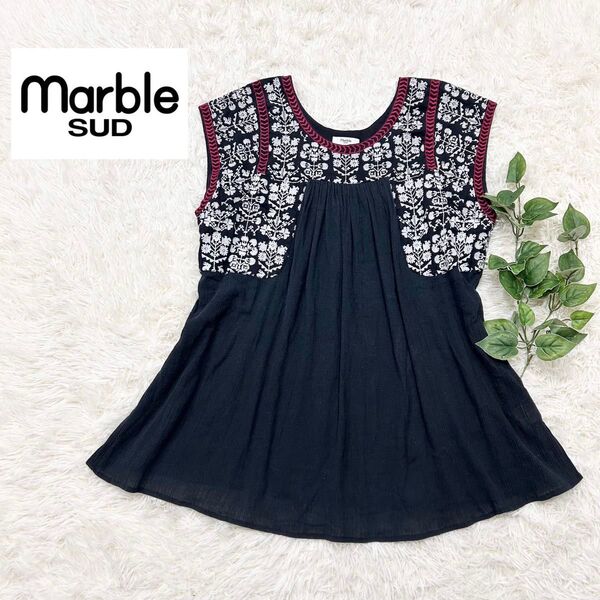 marbleSUD*ベレグ刺繍ブラウス プルオーバー ノースリーブ ブラック