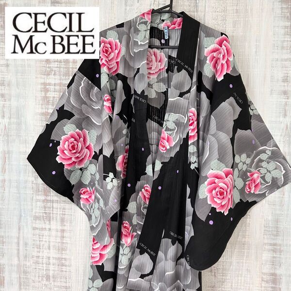 美品☆CECIL McBEE セシルマクビー*浴衣 ゆかた 花柄 モノトーン ロゴ入り