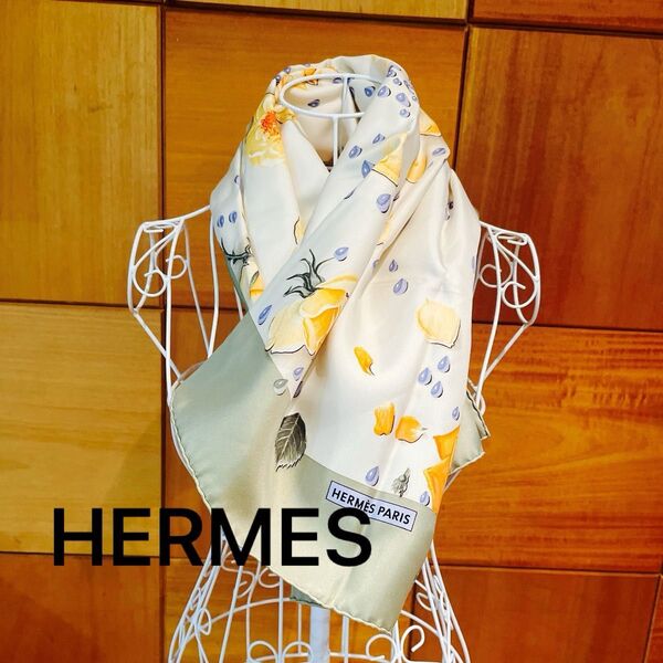 HERMES スカーフ シルク100% 花柄 バラ エルメス