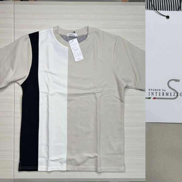 新品 インターメッツォ トリコロール 切替 鹿の子 半袖 Tシャツ M アイボリー メンズ クルーネック