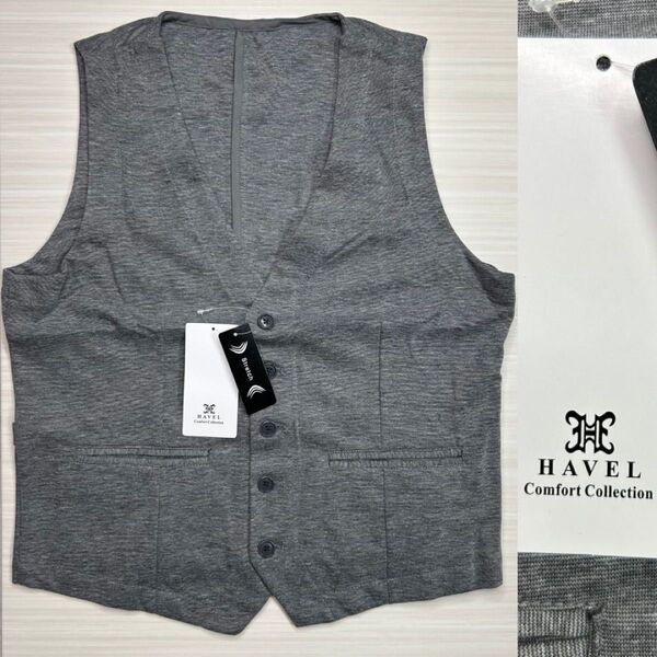 新品 HAVEL 李調 ストレッチ カットソー Vネック ベスト L 灰 メンズ ジレ ジャージー メランジ
