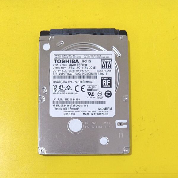 東芝 2.5インチHDD 500GB 使用時間9,391h