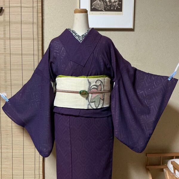 夏着物 単衣 透け感あり 広衿 紫 紗 プレタ着物 151 63.5 着物