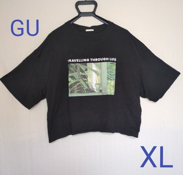 GU プリントTシャツ 黒 クロップド丈 XL