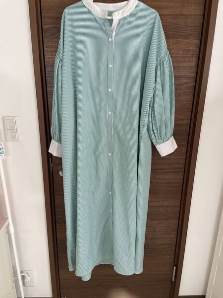 ストライプ柄シャツワンピース グリーン ゆったり