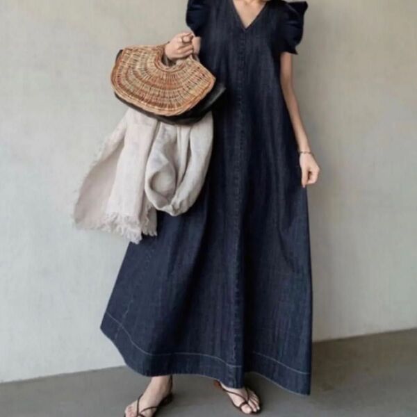 マキシ丈 フレアワンピース 半袖 ロングワンピース デニムワンピース 袖フリル Vネック Aライン