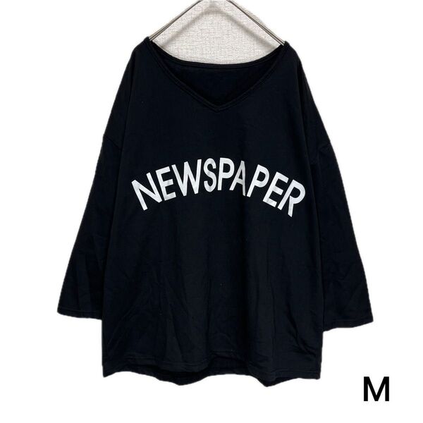 NEWS PAPER ロゴTシャツ Vネック 七分袖 ブラック
