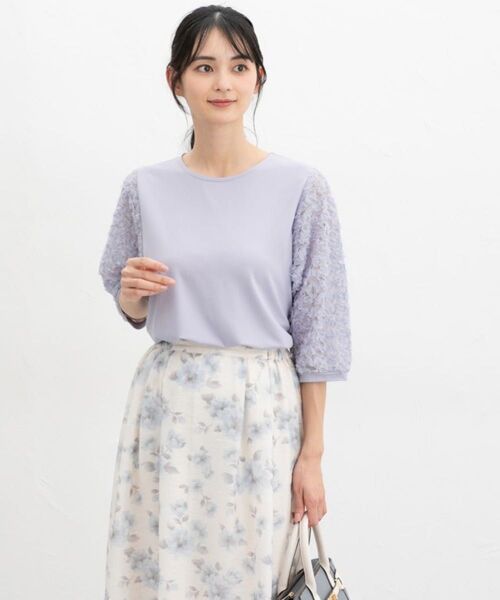 新品タグ付き Honeysハニーズ 薄紫Tシャツ 6分袖レース使いトップス レディース フェミニンカットソー 紫陽花カラー