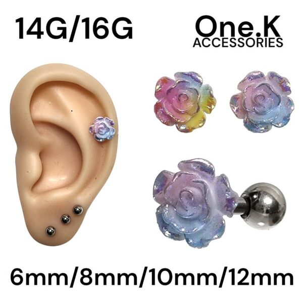 レインボー グラデーション 薔薇 軟骨ピアス ストレートバーベル ボディピアス